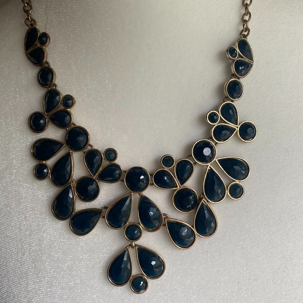 Navy blue statement necklace in faux gold setting